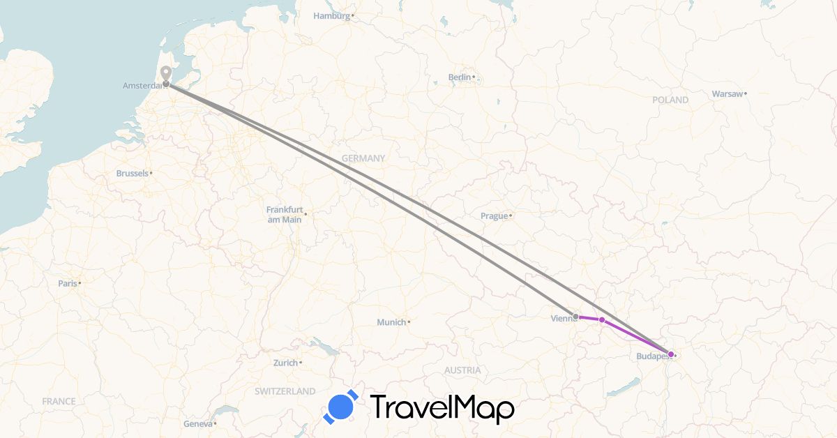 TravelMap itinerary: driving, plane, train in Austria, Hungary, Netherlands, Slovakia (Europe)